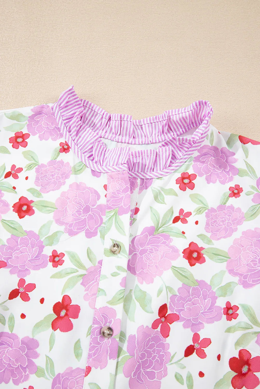 Pink Floral Print Striped Trim Frilled Neck 3/4 Sleeve Flared Mini Dress - MarkoFit