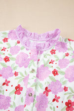 Pink Floral Print Striped Trim Frilled Neck 3/4 Sleeve Flared Mini Dress - MarkoFit