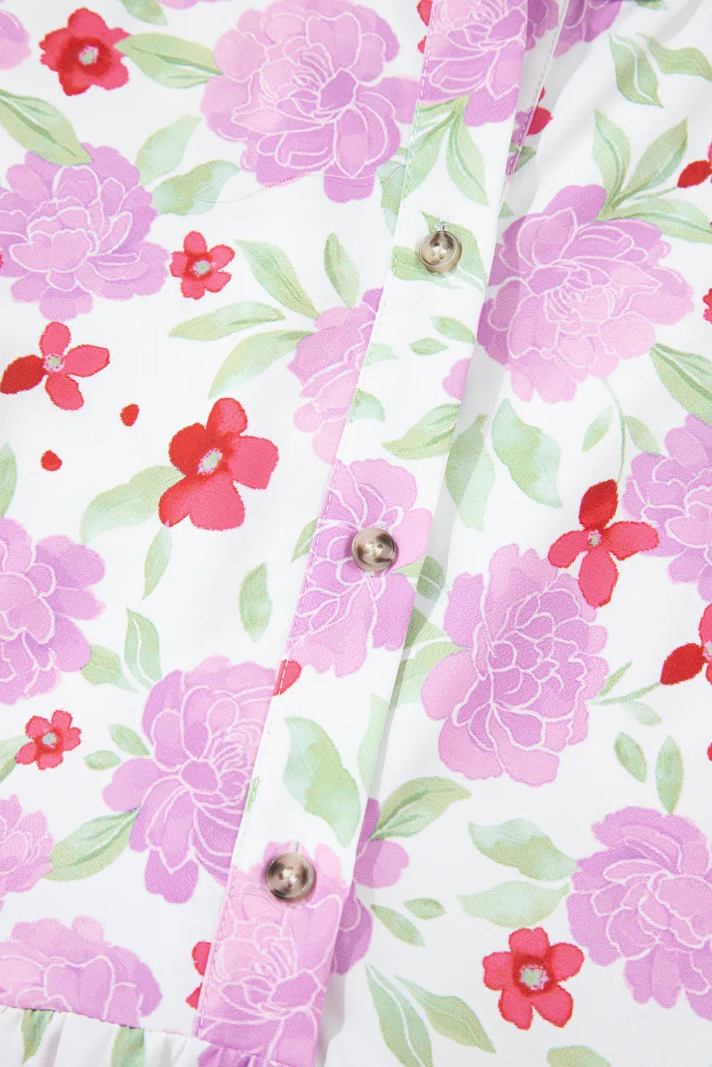 Pink Floral Print Striped Trim Frilled Neck 3/4 Sleeve Flared Mini Dress - MarkoFit