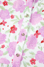 Pink Floral Print Striped Trim Frilled Neck 3/4 Sleeve Flared Mini Dress - MarkoFit