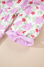 Pink Floral Print Striped Trim Frilled Neck 3/4 Sleeve Flared Mini Dress - MarkoFit