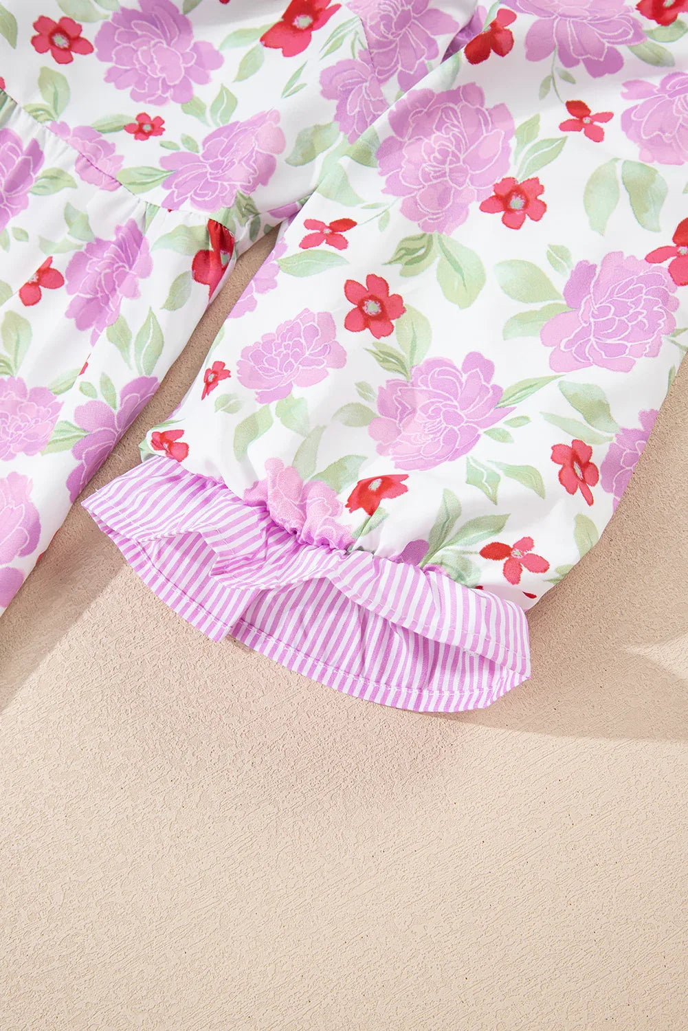 Pink Floral Print Striped Trim Frilled Neck 3/4 Sleeve Flared Mini Dress - MarkoFit