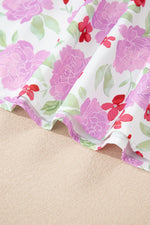 Pink Floral Print Striped Trim Frilled Neck 3/4 Sleeve Flared Mini Dress - MarkoFit