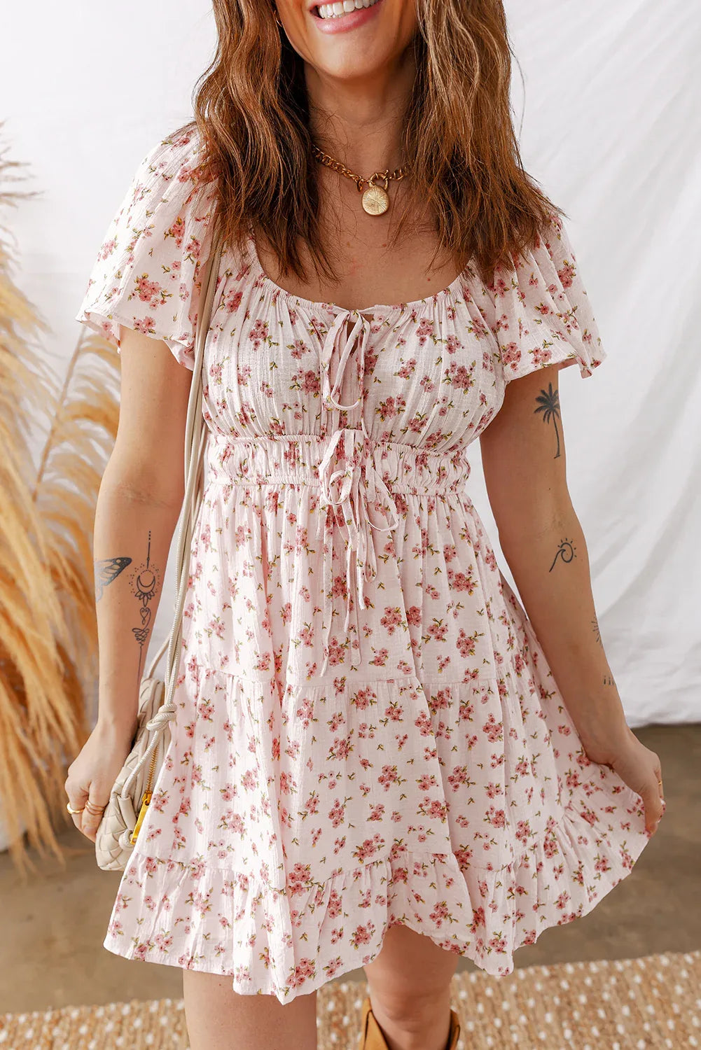 Pink Front Tie Shirred Waist Short Sleeve Ruffled Floral Mini Dress - MarkoFit