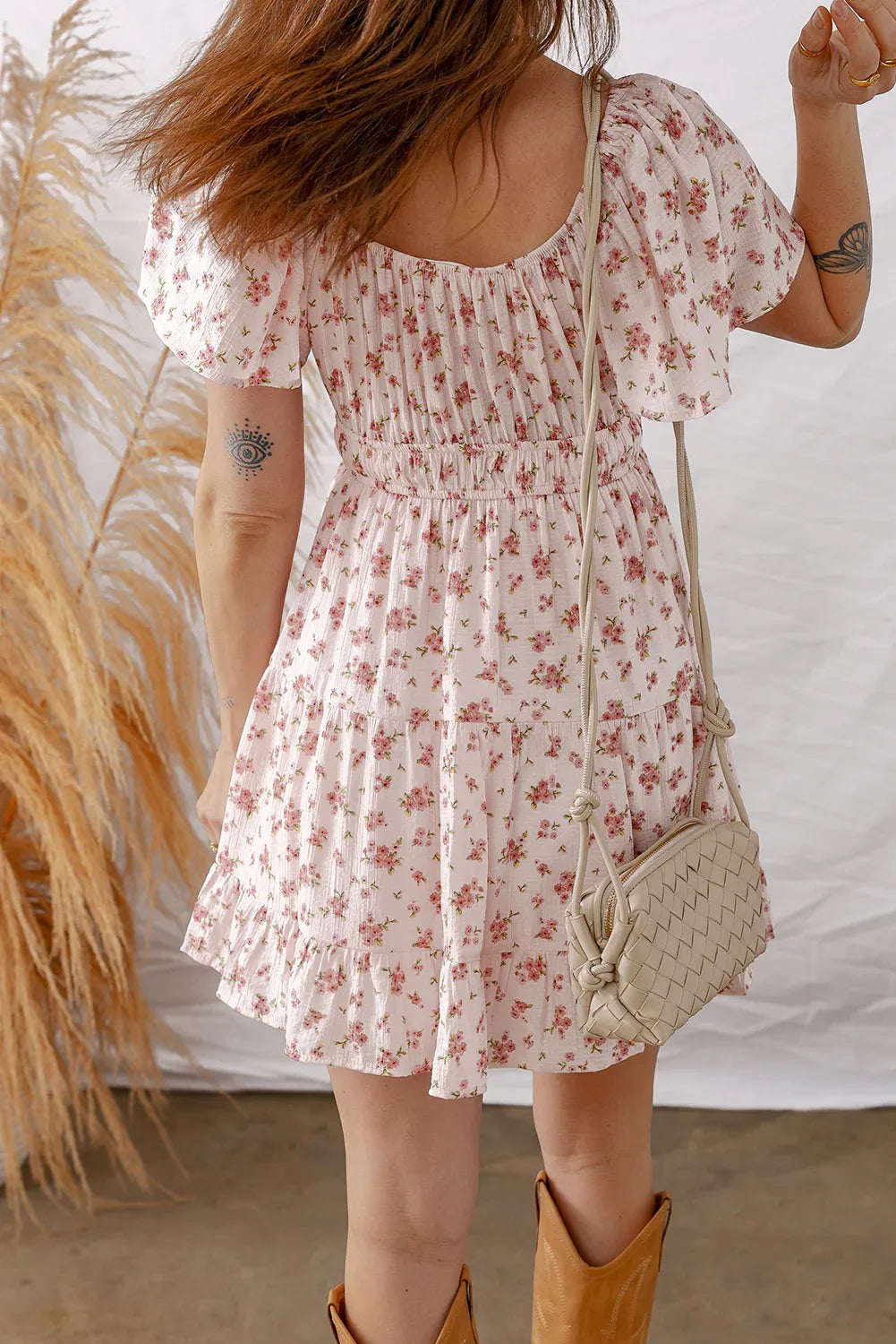 Pink Front Tie Shirred Waist Short Sleeve Ruffled Floral Mini Dress - MarkoFit
