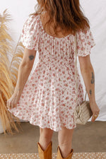 Pink Front Tie Shirred Waist Short Sleeve Ruffled Floral Mini Dress - MarkoFit