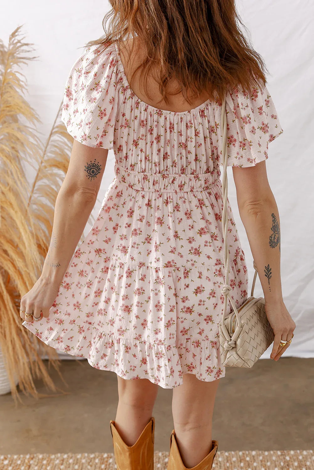 Pink Front Tie Shirred Waist Short Sleeve Ruffled Floral Mini Dress - MarkoFit