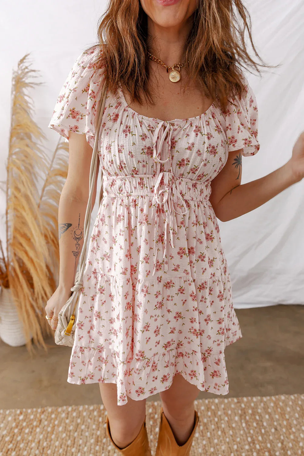 Pink Front Tie Shirred Waist Short Sleeve Ruffled Floral Mini Dress - MarkoFit