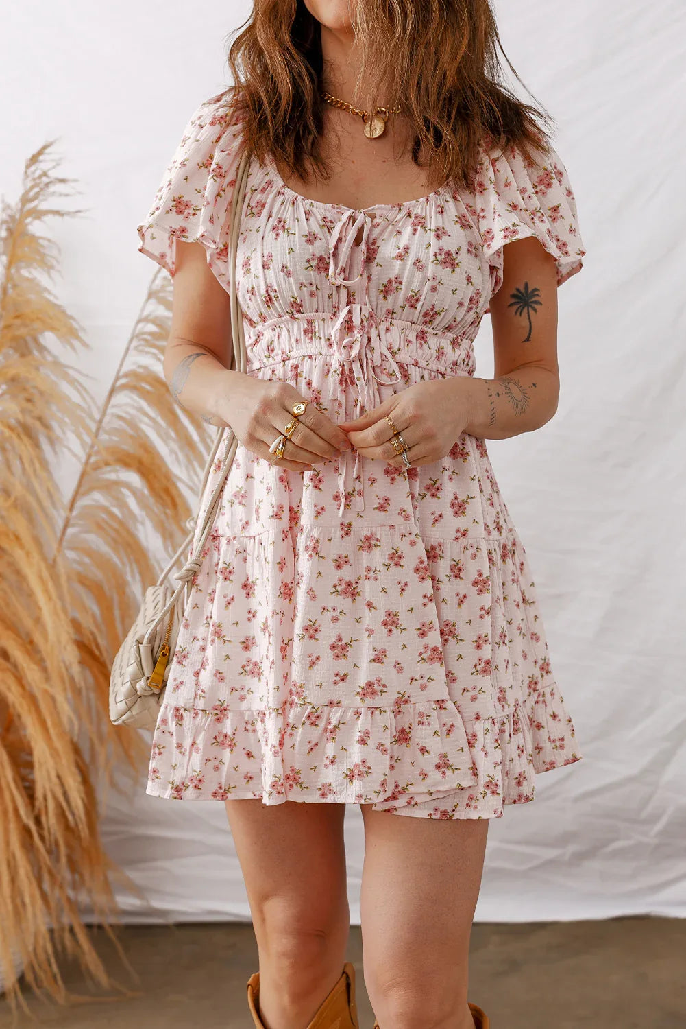 Pink Front Tie Shirred Waist Short Sleeve Ruffled Floral Mini Dress - MarkoFit