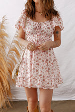 Pink Front Tie Shirred Waist Short Sleeve Ruffled Floral Mini Dress - MarkoFit