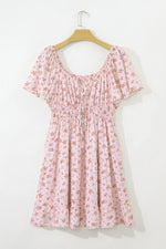 Pink Front Tie Shirred Waist Short Sleeve Ruffled Floral Mini Dress - MarkoFit