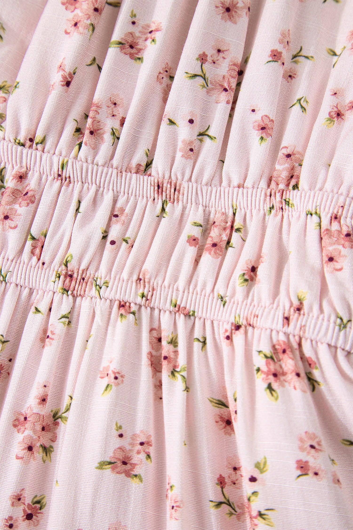 Pink Front Tie Shirred Waist Short Sleeve Ruffled Floral Mini Dress - MarkoFit