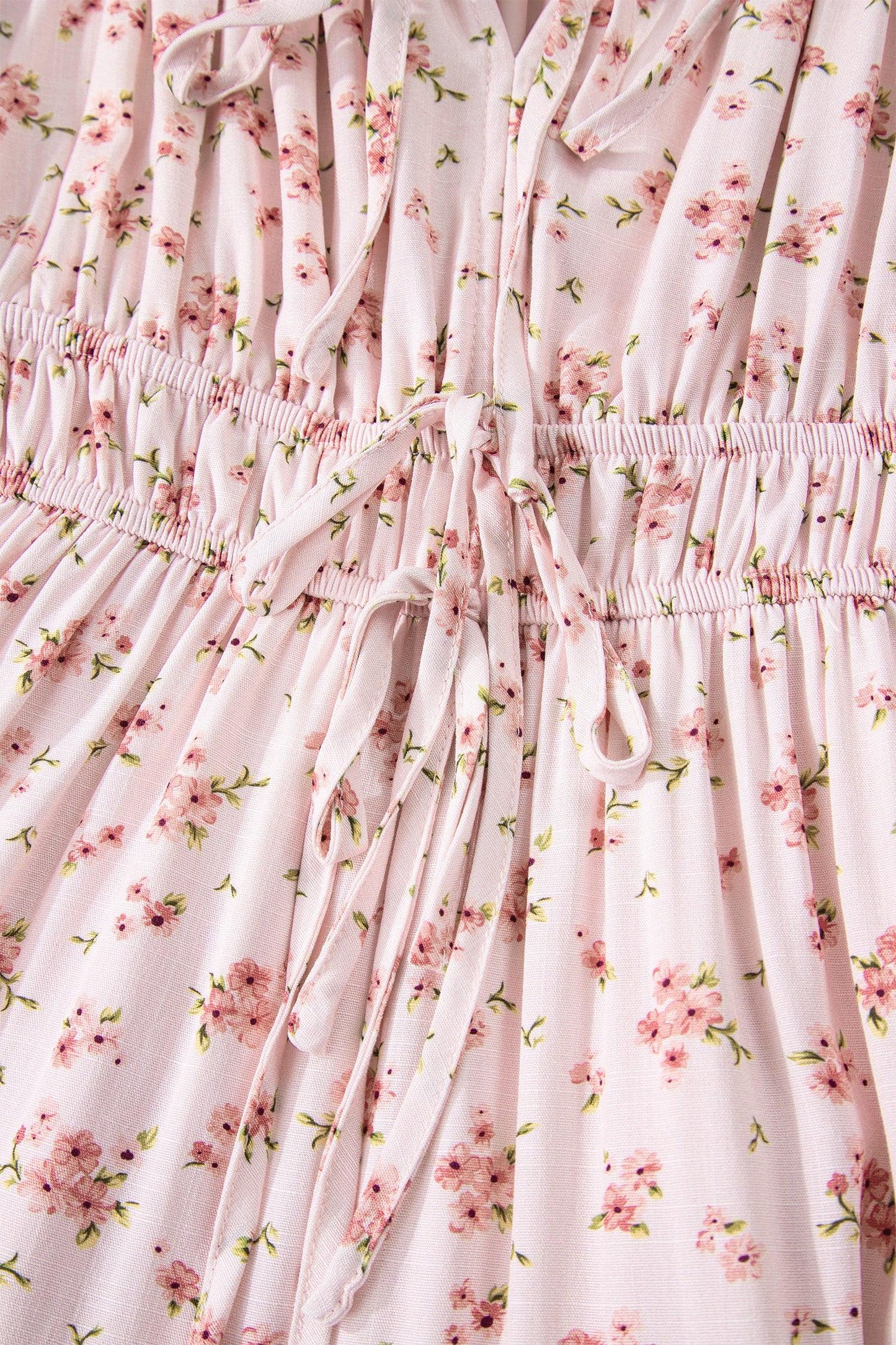 Pink Front Tie Shirred Waist Short Sleeve Ruffled Floral Mini Dress - MarkoFit