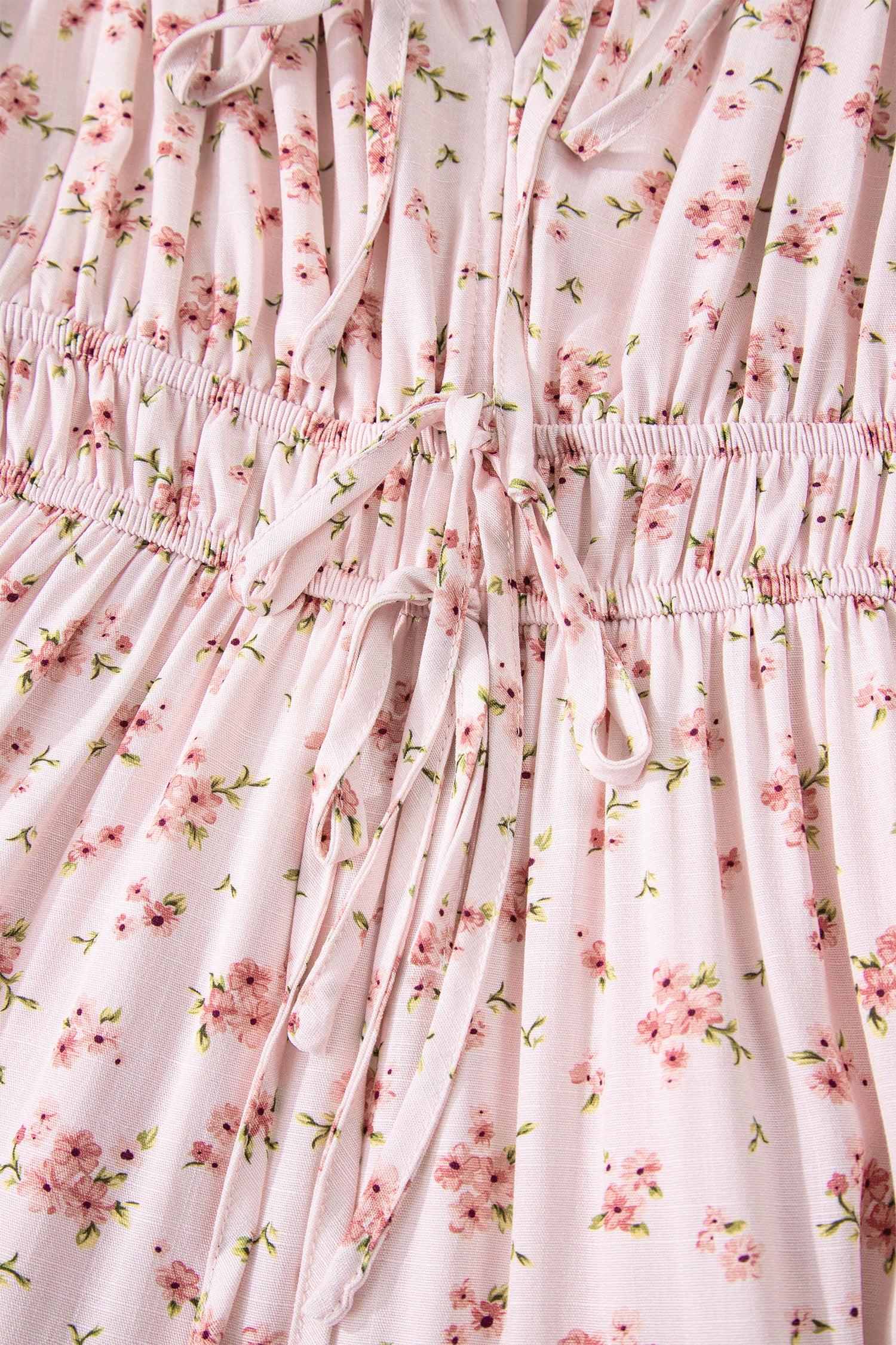 Pink Front Tie Shirred Waist Short Sleeve Ruffled Floral Mini Dress - MarkoFit