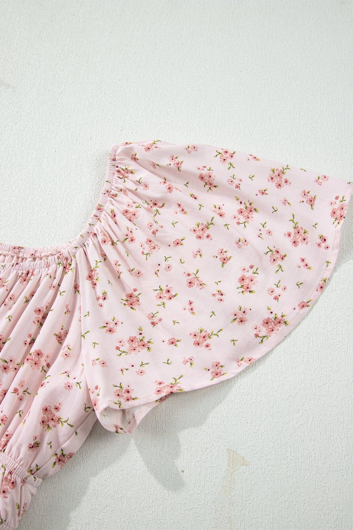 Pink Front Tie Shirred Waist Short Sleeve Ruffled Floral Mini Dress - MarkoFit