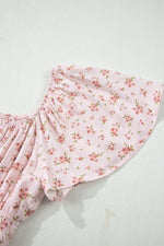 Pink Front Tie Shirred Waist Short Sleeve Ruffled Floral Mini Dress - MarkoFit