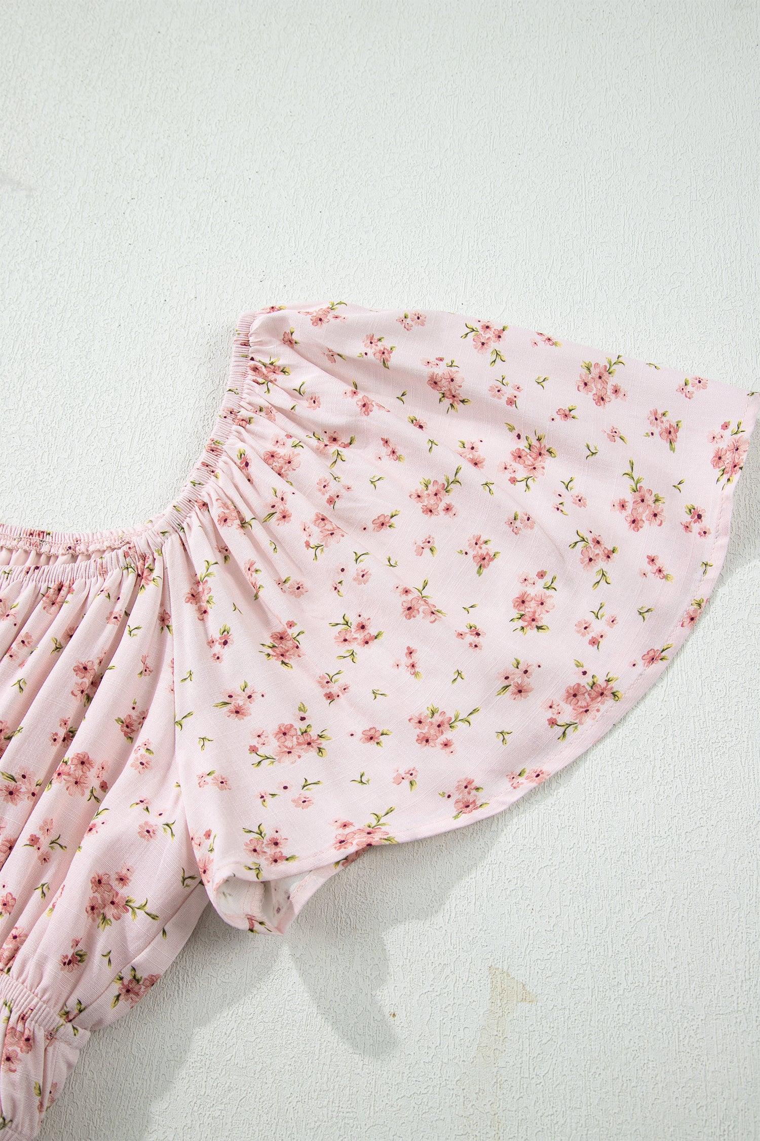 Pink Front Tie Shirred Waist Short Sleeve Ruffled Floral Mini Dress - MarkoFit