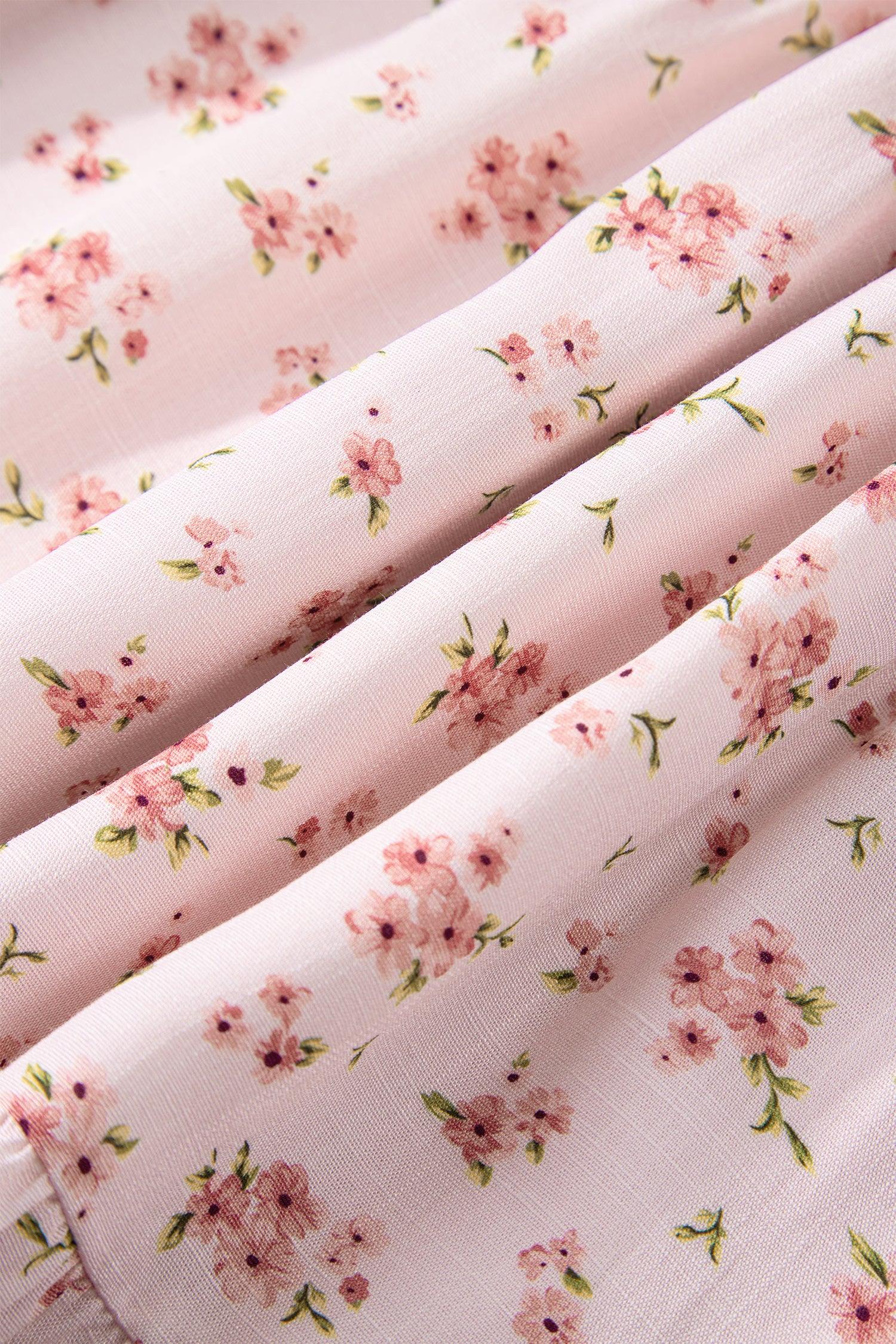 Pink Front Tie Shirred Waist Short Sleeve Ruffled Floral Mini Dress - MarkoFit