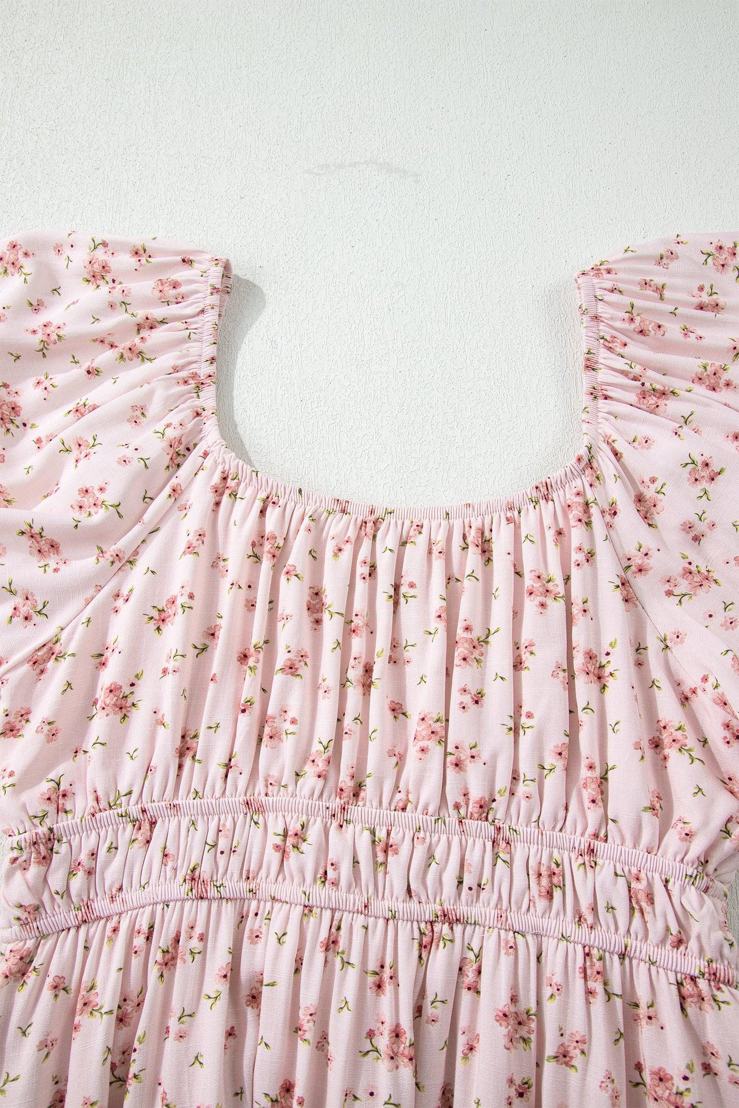 Pink Front Tie Shirred Waist Short Sleeve Ruffled Floral Mini Dress - MarkoFit