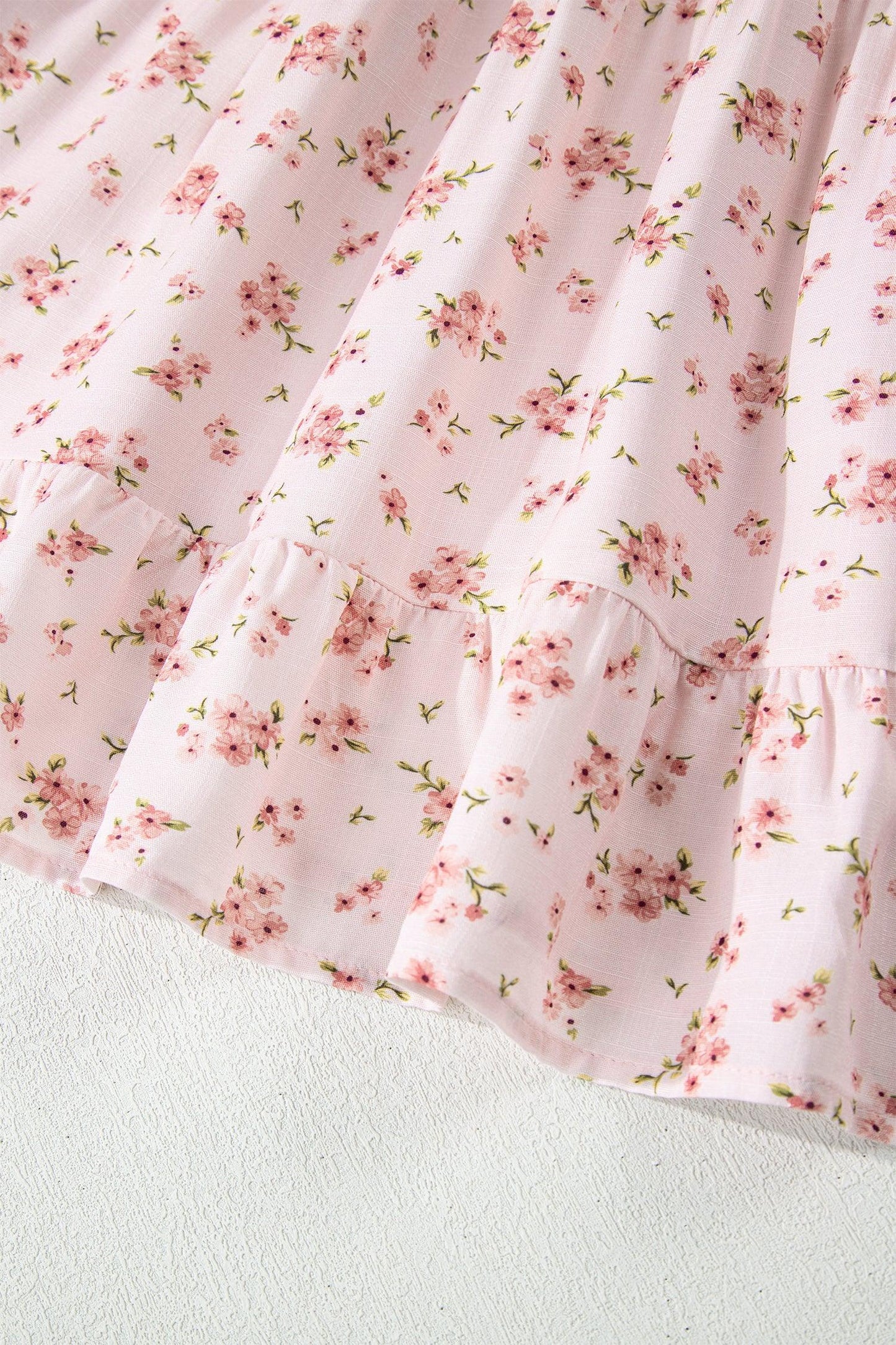 Pink Front Tie Shirred Waist Short Sleeve Ruffled Floral Mini Dress - MarkoFit