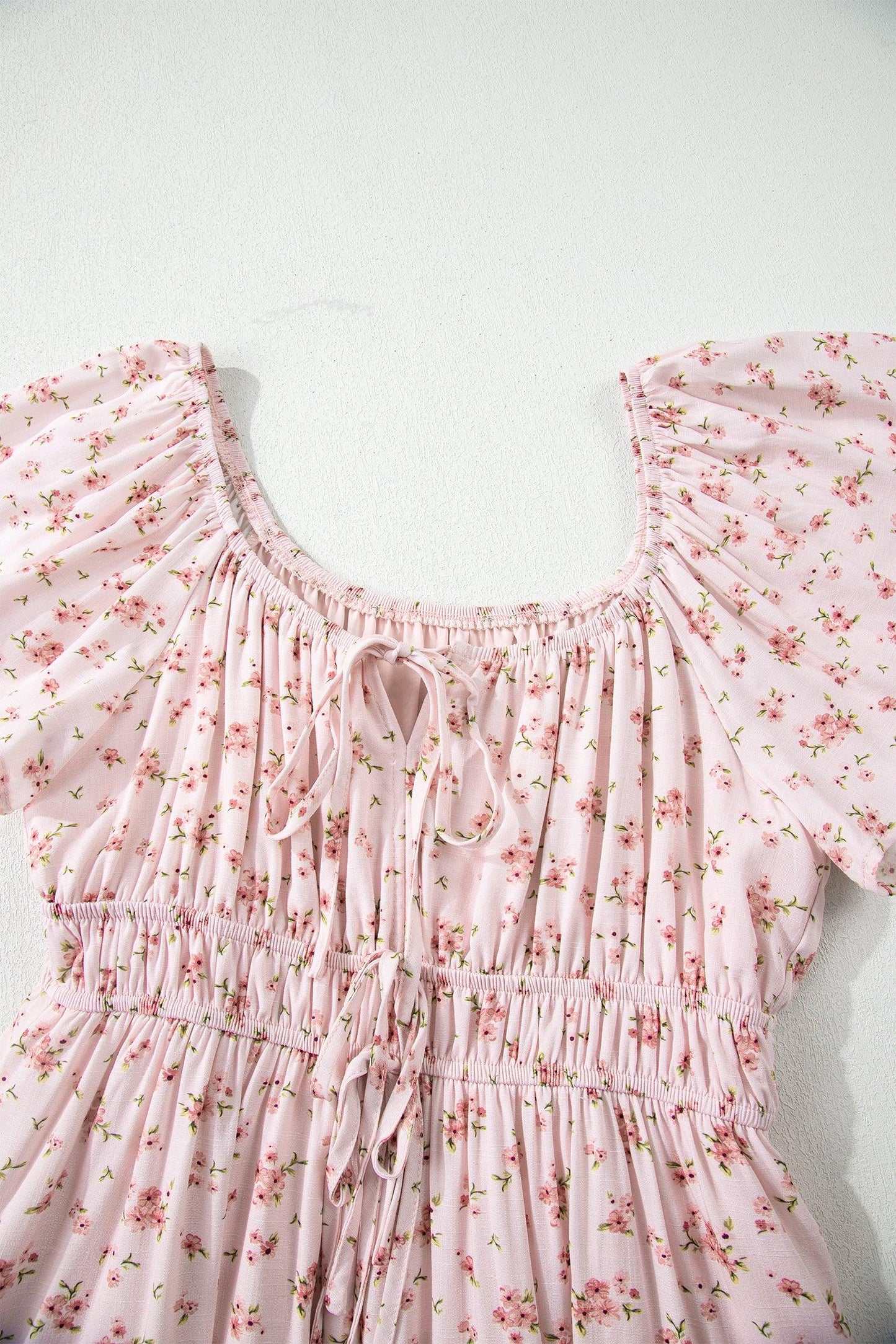 Pink Front Tie Shirred Waist Short Sleeve Ruffled Floral Mini Dress - MarkoFit