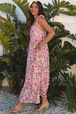 Pink Floral Lace Tied Strap Empire Waist Maxi Dress - MarkoFit