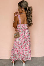 Pink Floral Lace Tied Strap Empire Waist Maxi Dress - MarkoFit