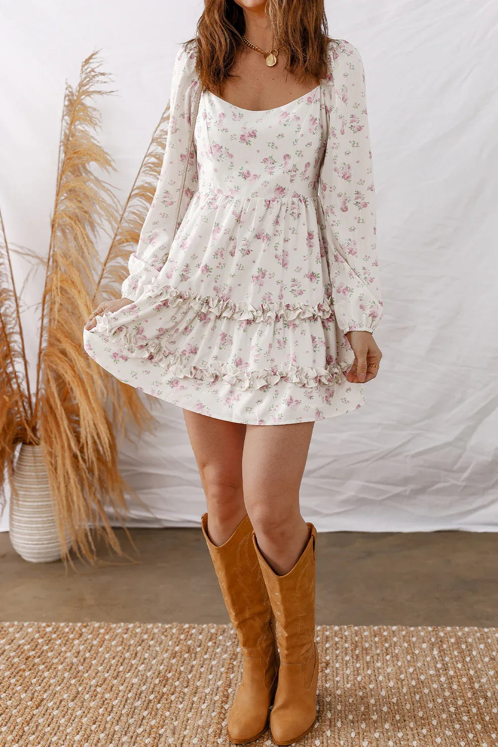 Pink Floral Print Long Sleeve Ruffle Detail Flared Mini Dress - MarkoFit