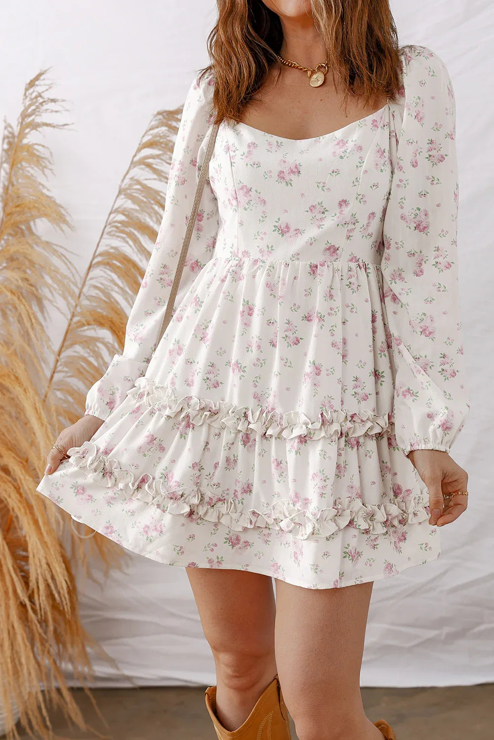 Pink Floral Print Long Sleeve Ruffle Detail Flared Mini Dress - MarkoFit