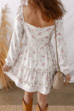 Pink Floral Print Long Sleeve Ruffle Detail Flared Mini Dress - MarkoFit