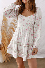 Pink Floral Print Long Sleeve Ruffle Detail Flared Mini Dress - MarkoFit