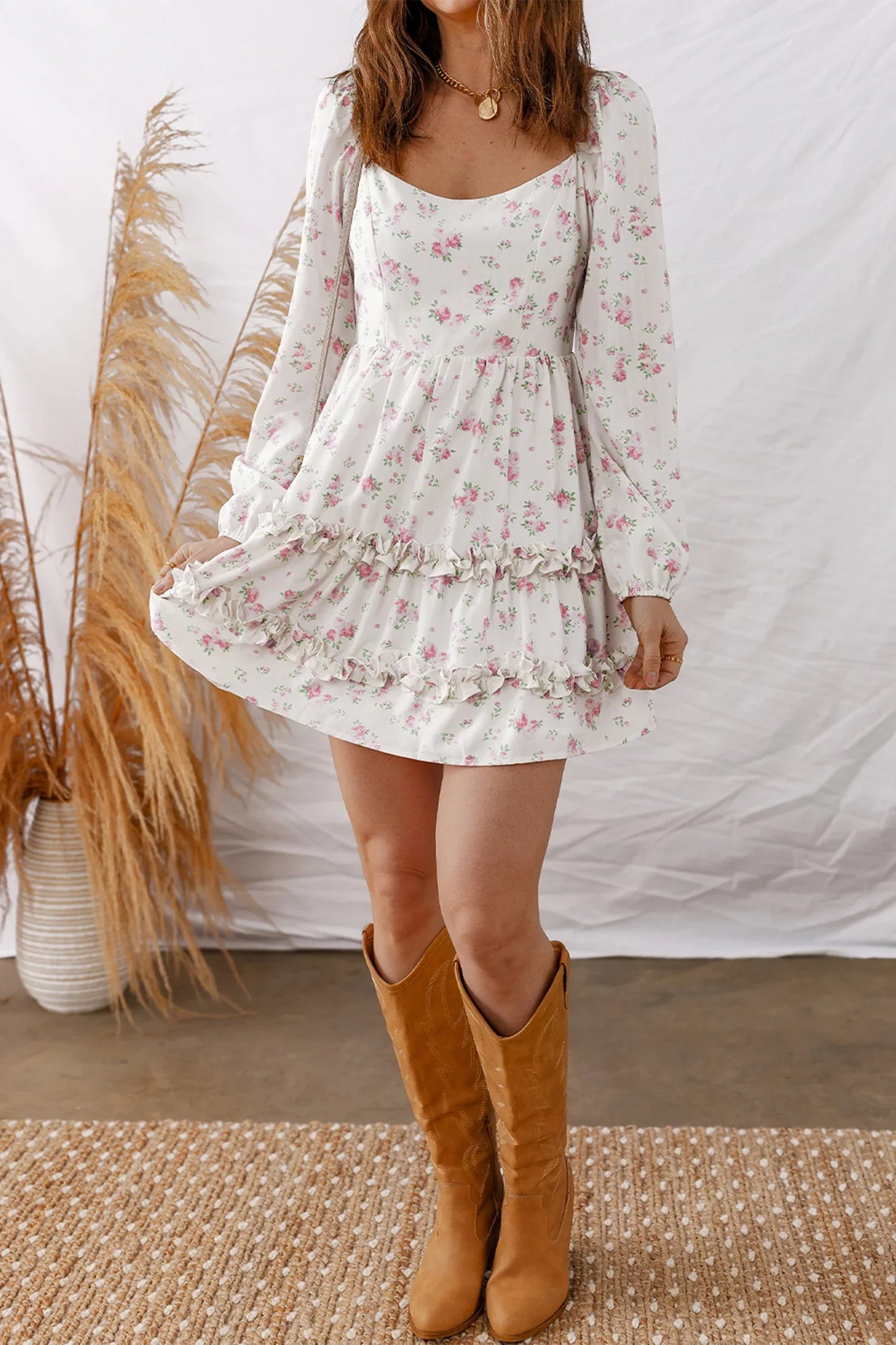Pink Floral Print Long Sleeve Ruffle Detail Flared Mini Dress - MarkoFit