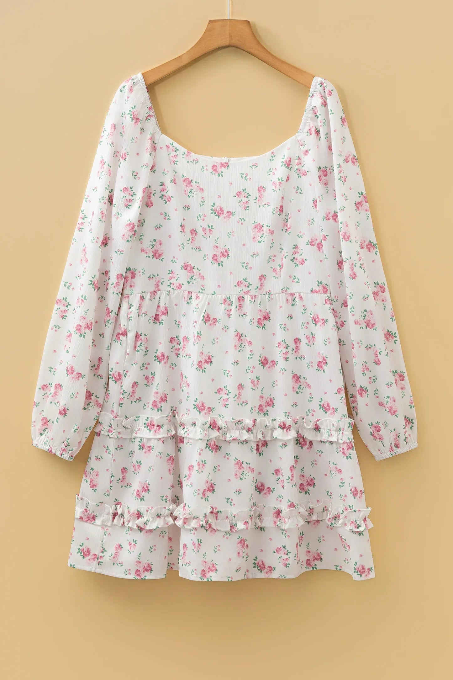 Pink Floral Print Long Sleeve Ruffle Detail Flared Mini Dress - MarkoFit