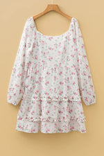 Pink Floral Print Long Sleeve Ruffle Detail Flared Mini Dress - MarkoFit