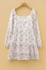 Pink Floral Print Long Sleeve Ruffle Detail Flared Mini Dress - MarkoFit