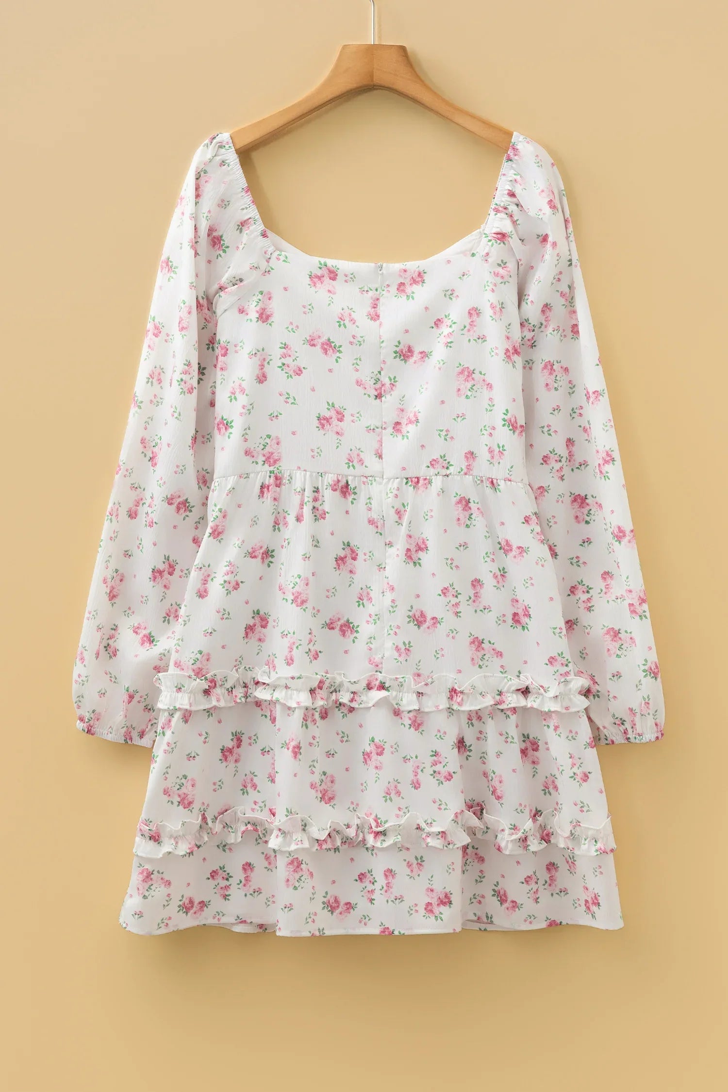 Pink Floral Print Long Sleeve Ruffle Detail Flared Mini Dress - MarkoFit