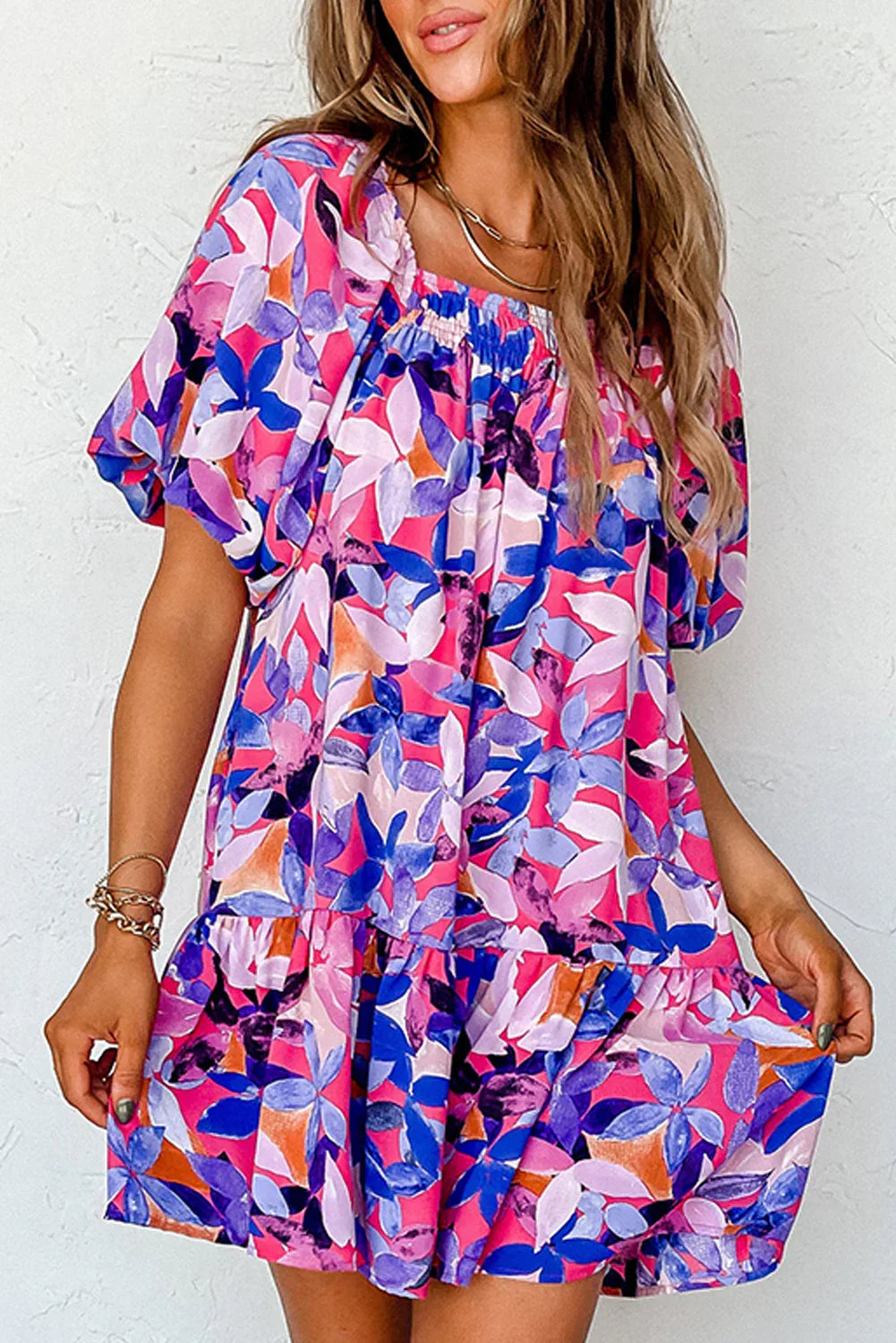 Purple Flower Print Short Puff Sleeve Ruffled Dress - MarkoFit