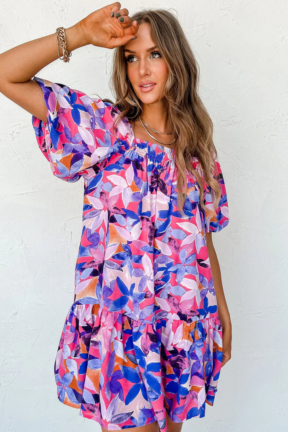 Purple Flower Print Short Puff Sleeve Ruffled Dress - MarkoFit