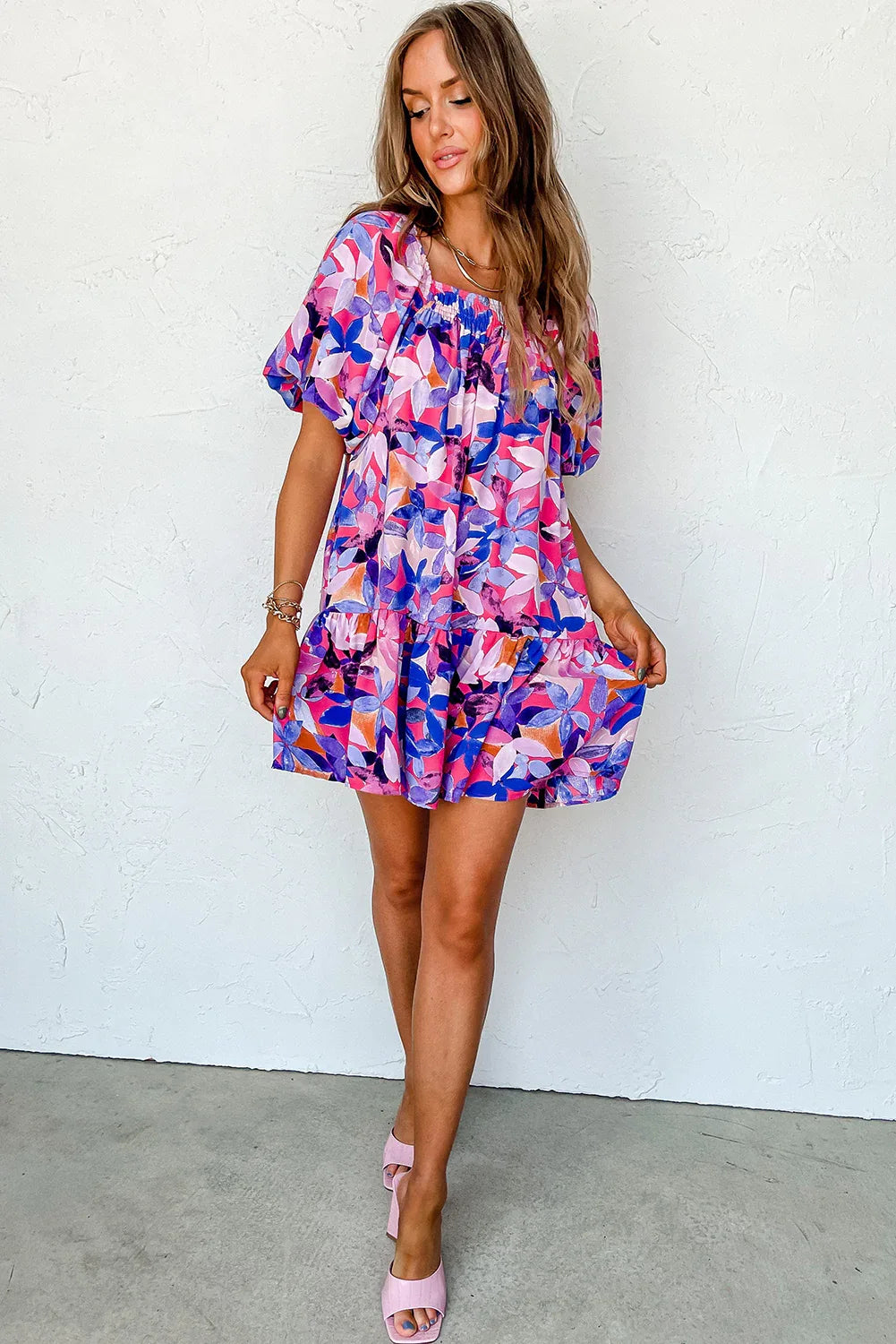 Purple Flower Print Short Puff Sleeve Ruffled Dress - MarkoFit