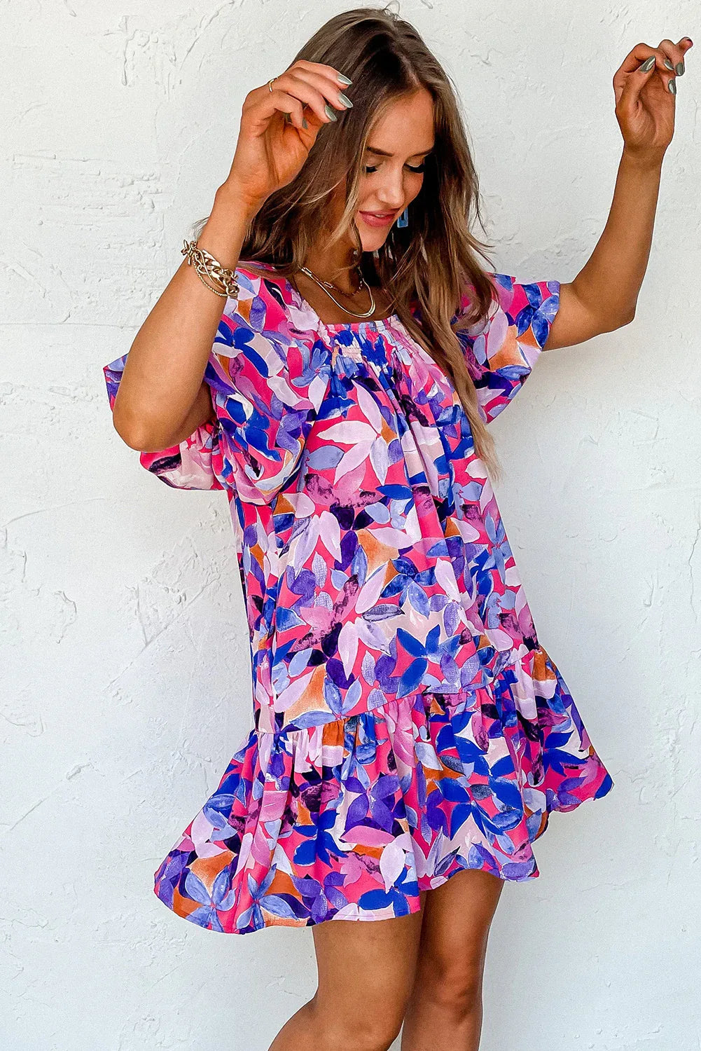 Purple Flower Print Short Puff Sleeve Ruffled Dress - MarkoFit