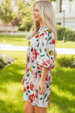 Red Floral Contrast Striped V Neck Puff Half Sleeve Shift Dress - MarkoFit