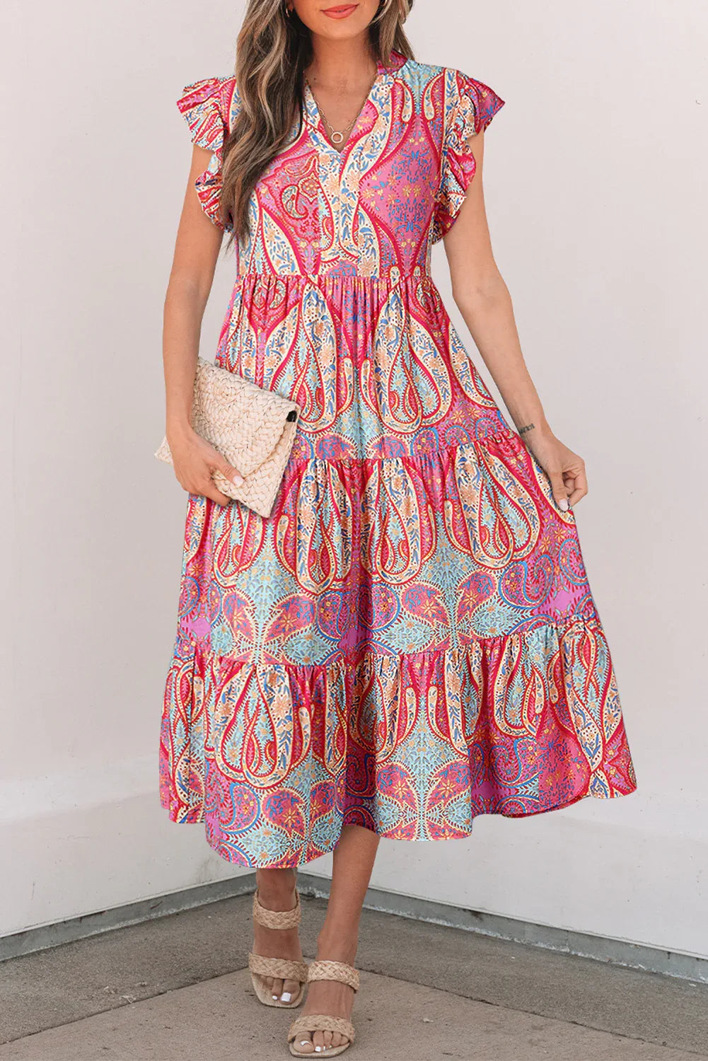 Rose Tribal Paisley Print Ruffled Sleeve Notch Neck Midi Dress - MarkoFit