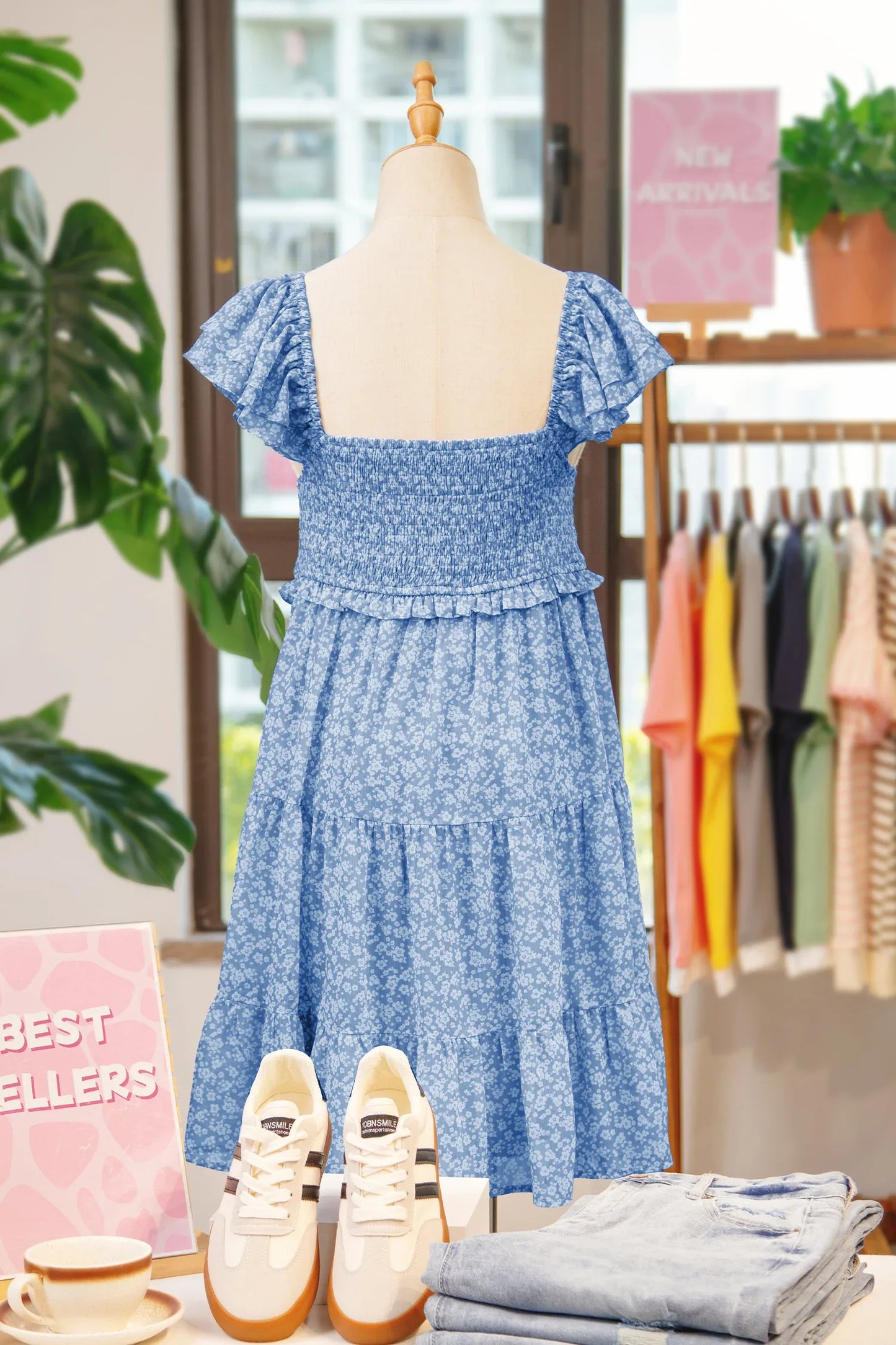 Sky Blue Floral Print Square Neck Flutter Sleeve Smocked Tiered Mini Dress - MarkoFit