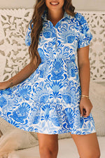 Sky Blue Retro Floral Print Drawstring Waist Ruffled Mini Dress - MarkoFit