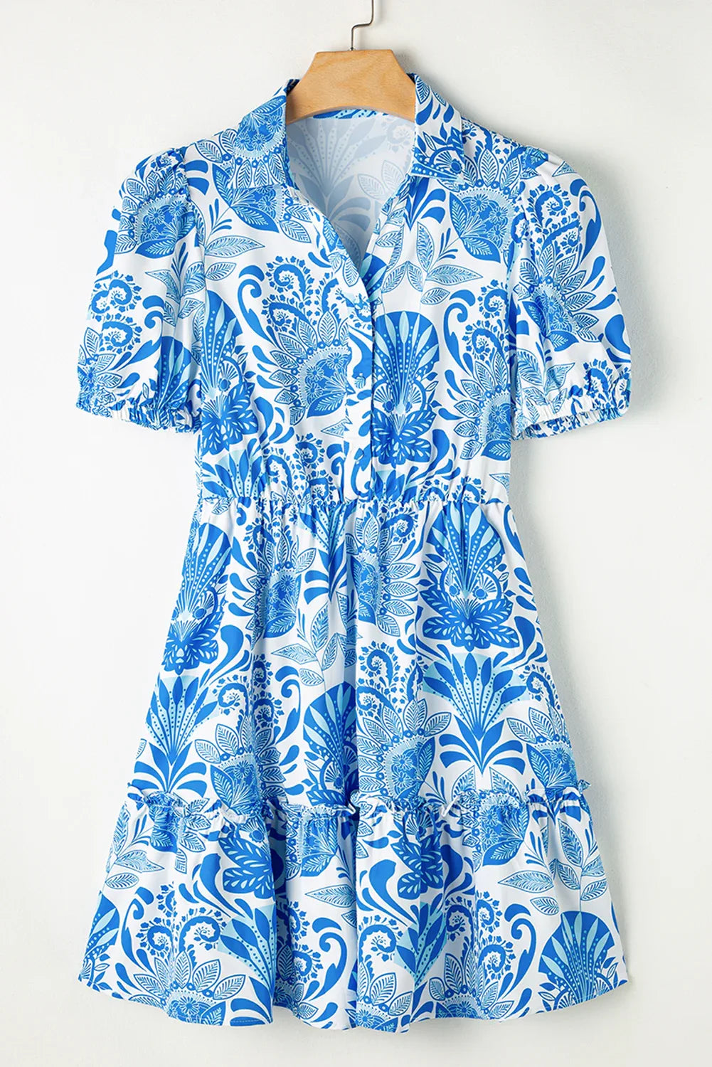 Sky Blue Retro Floral Print Drawstring Waist Ruffled Mini Dress - MarkoFit