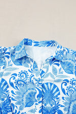 Sky Blue Retro Floral Print Drawstring Waist Ruffled Mini Dress - MarkoFit