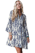 Sky Blue Boho Floral Print Lettuce Trim 3/4 Sleeve Mini Dress - MarkoFit