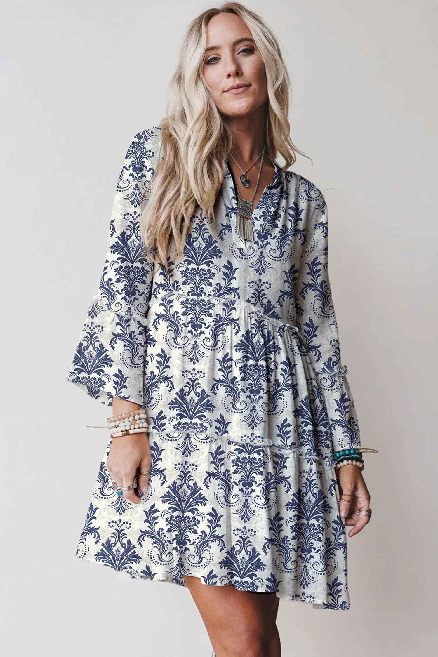 Sky Blue Boho Floral Print Lettuce Trim 3/4 Sleeve Mini Dress - MarkoFit