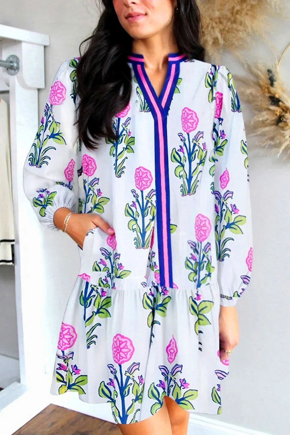 White Floral Print Contrast Striped Trim Notched Neck Long Sleeve Dress - MarkoFit