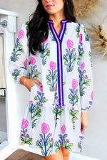 White Floral Print Contrast Striped Trim Notched Neck Long Sleeve Dress - MarkoFit